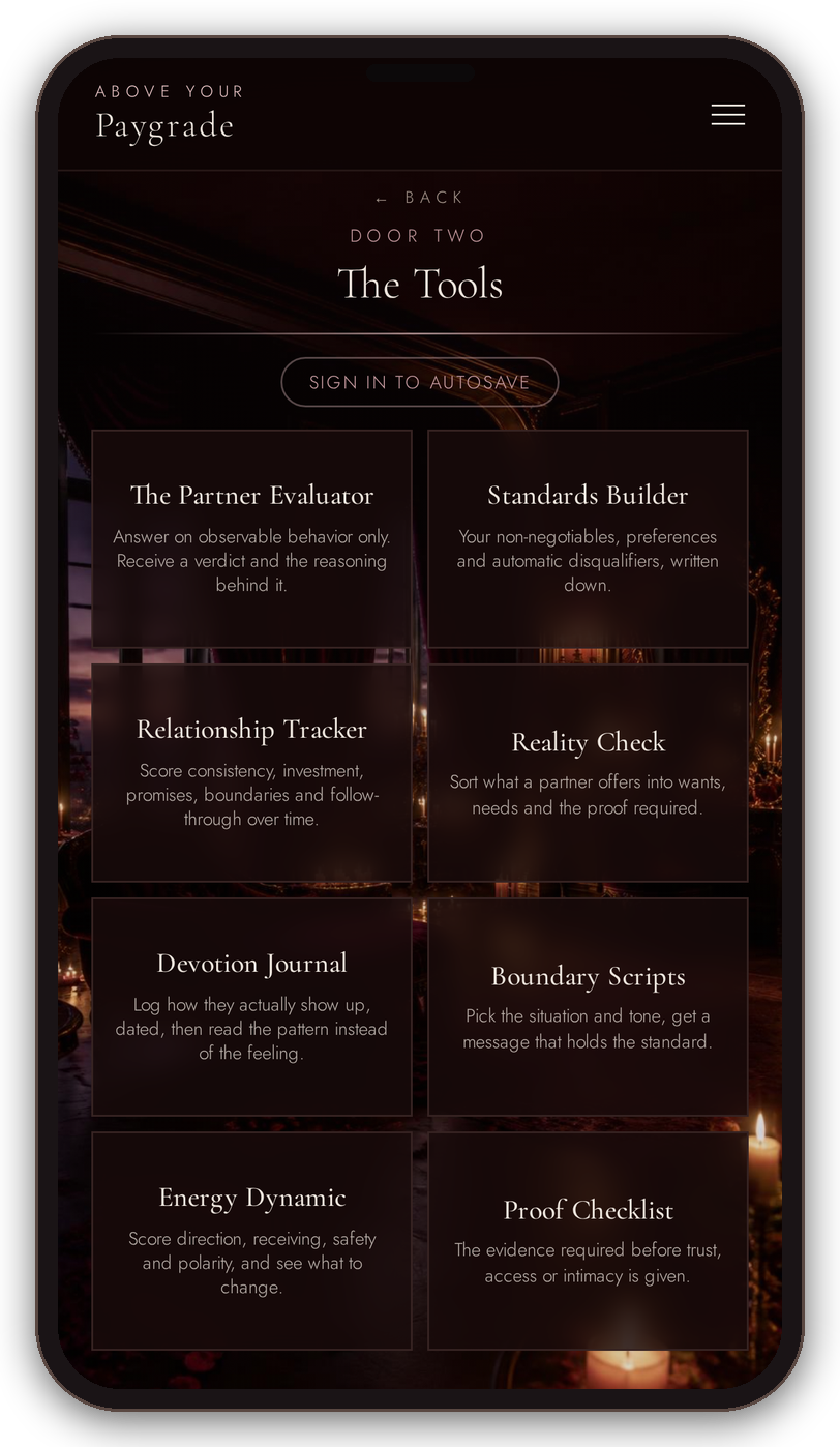 Above Your Paygrade tools on a phone: Partner Evaluator, Standards Builder, Relationship Tracker, Reality Check, Devotion Journal, Boundary Scripts, Energy Dynamic, Proof Checklist